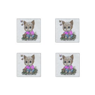 Cute Kitty Cat and Butterfly Stone Magnet