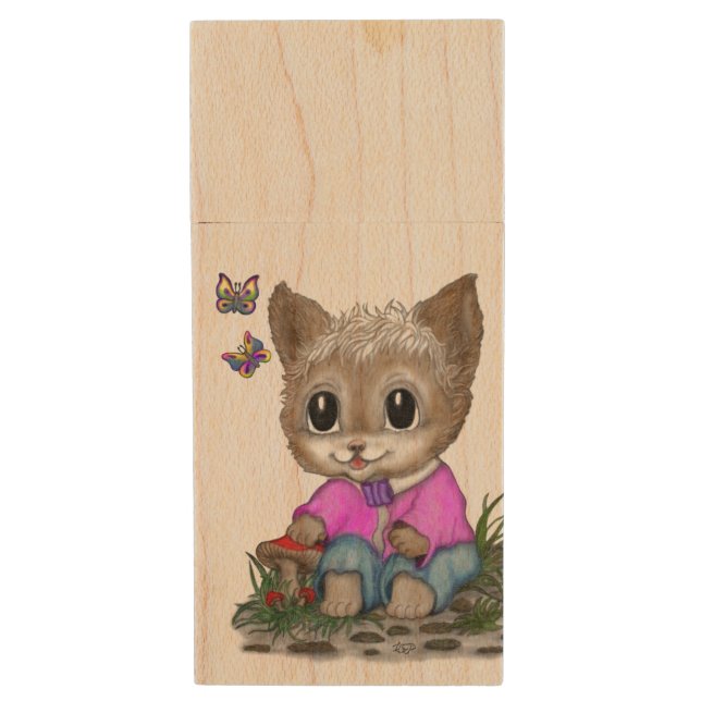Cute Kitty Cat and Butterfly Wood Flash Drive (Front Vertical)