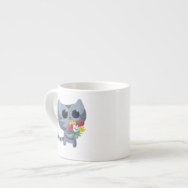 Cute Kitty Cat and flowers Espresso Cup (Front Left)