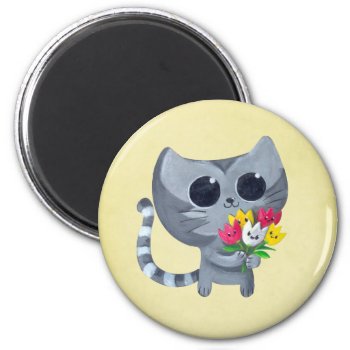 Cute Kitty Cat And Flowers Magnet by colonelle at Zazzle