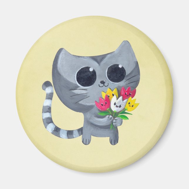 Cute Kitty Cat and flowers Magnet (Front)
