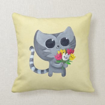 Cute Kitty Cat And Flowers Throw Pillow by colonelle at Zazzle