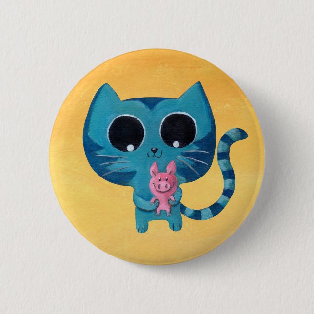 Cute Kitty Cat and Pig Pinback Button (Front)