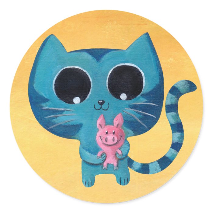 Cute Kitty Cat and Pig Round Stickers