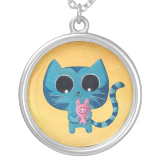 Cute Kitty Cat and Pig Silver Plated Necklace