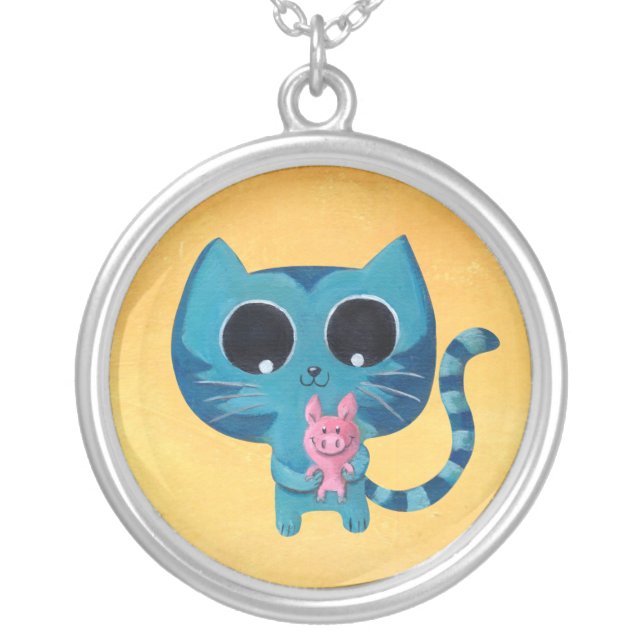 Cute Kitty Cat and Pig Silver Plated Necklace (Front)