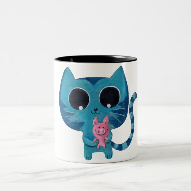 Cute Kitty Cat and Pig Two-Tone Coffee Mug (Center)