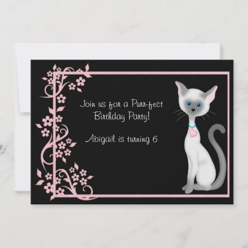 Cute Kitty Cat and Pink Flowers Birthday Invitation