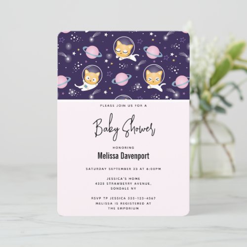 Cute Kitty Cat Astronauts Pattern Baby Shower Invitation