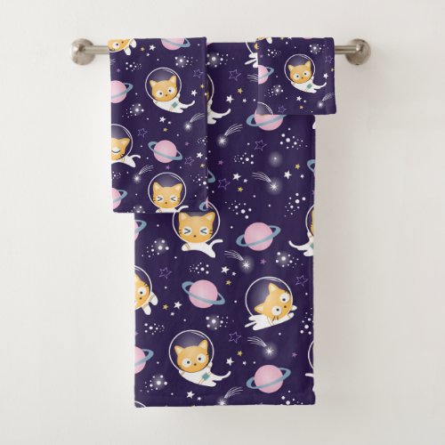 Cute Kitty Cat Astronauts Pattern Bath Towel Set
