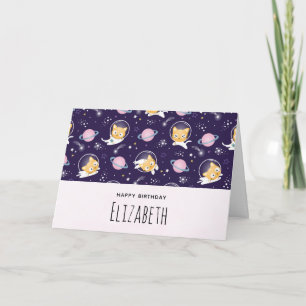 Cute Kitty Cat Astronauts Pattern Birthday Card