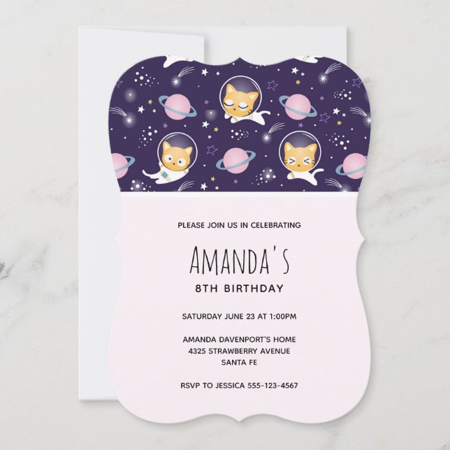 Cute Kitty Cat Astronauts Pattern Birthday Invitation (Front)