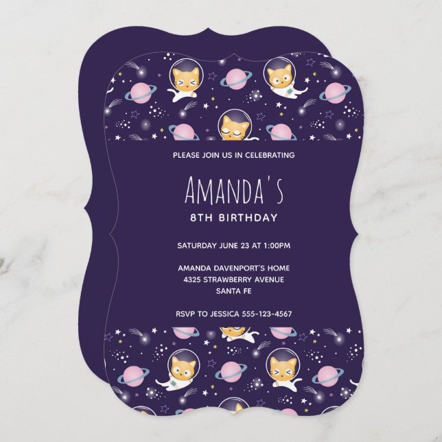 Cute Kitty Cat Astronauts Pattern Birthday Invitation (Front/Back)