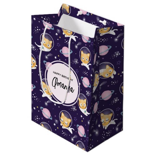 Cute Kitty Cat Astronauts Pattern Birthday Medium Gift Bag