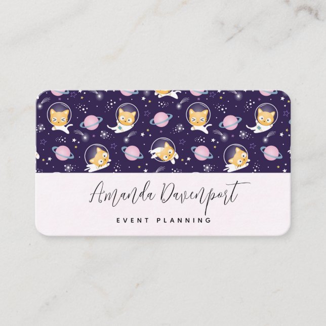 Cute Kitty Cat Astronauts Pattern Business Card (Front)