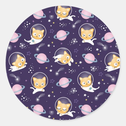 Cute Kitty Cat Astronauts Pattern Classic Round Sticker