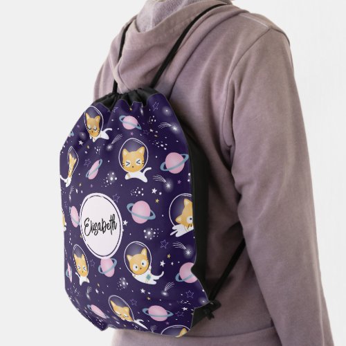 Cute Kitty Cat Astronauts Pattern Drawstring Bag