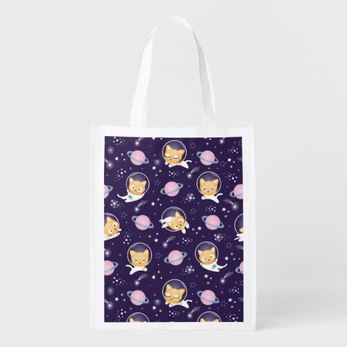 Cute Kitty Cat Astronauts Pattern Grocery Bag