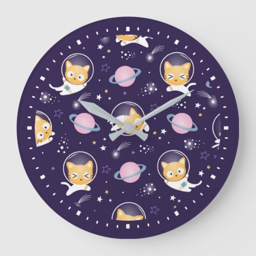 Cute Kitty Cat Astronauts Pattern Large Clock