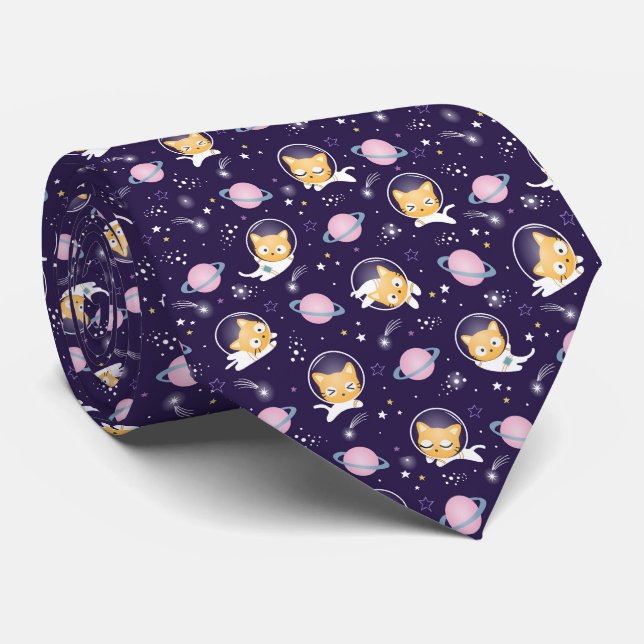 Cute Kitty Cat Astronauts Pattern Neck Tie (Rolled)