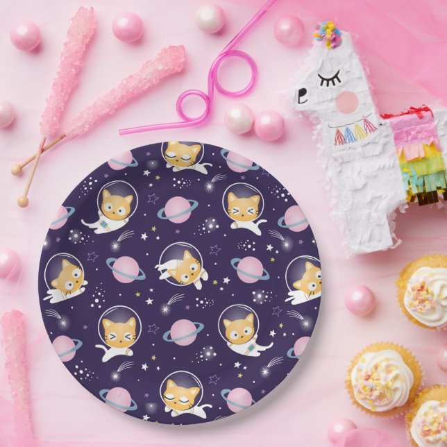 Cute Kitty Cat Astronauts Pattern Paper Plates (Party)