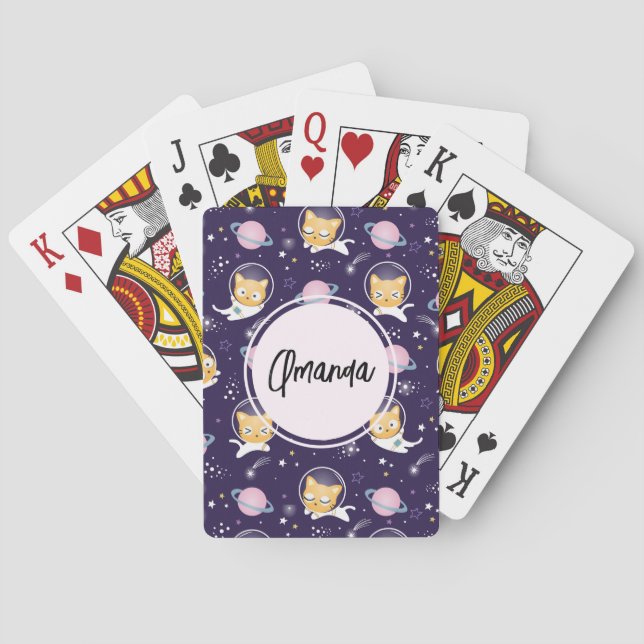 Cute Kitty Cat Astronauts Pattern Poker Cards (Back)