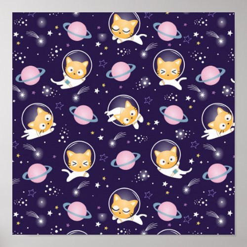 Cute Kitty Cat Astronauts Pattern Poster