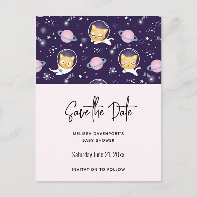 Cute Kitty Cat Astronauts Pattern Save the Date Invitation Postcard (Front)