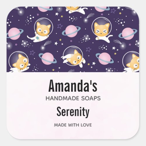 Cute Kitty Cat Astronauts Pattern Soap Business Square Sticker