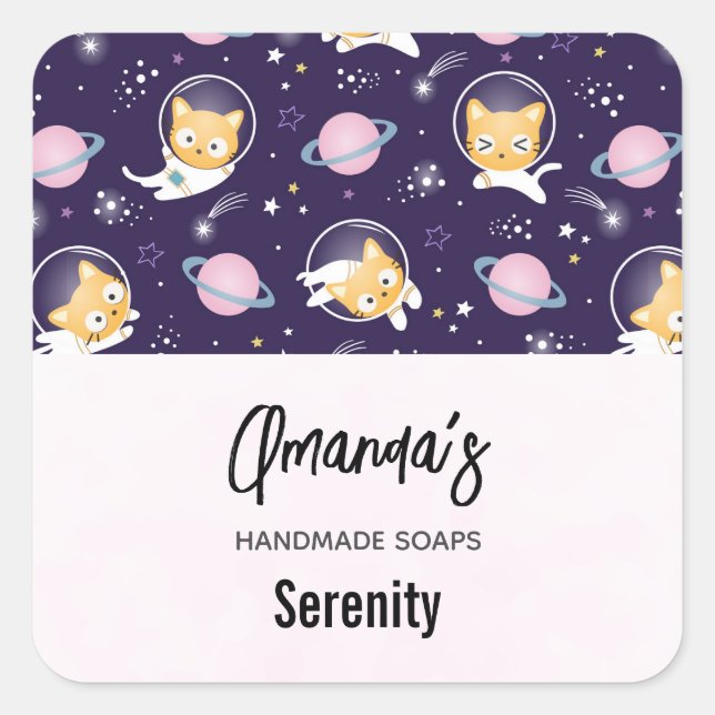 Cute Kitty Cat Astronauts Pattern Soap Business Square Sticker (Front)