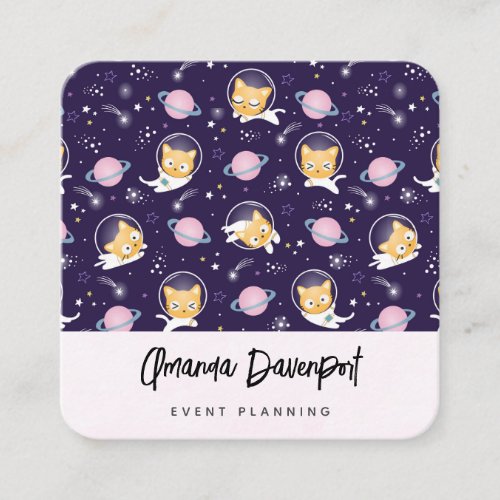 Cute Kitty Cat Astronauts Pattern Square Business Card