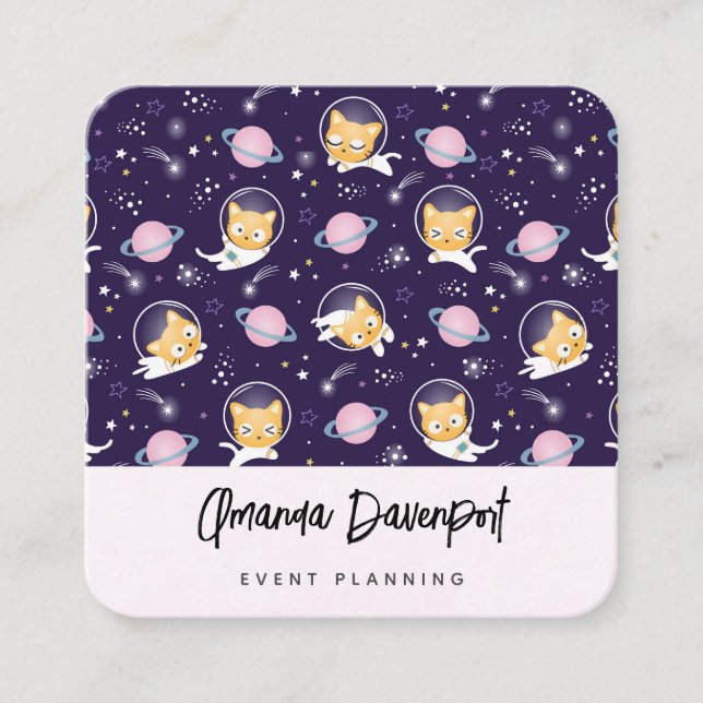 Cute Kitty Cat Astronauts Pattern Square Business Card (Front)