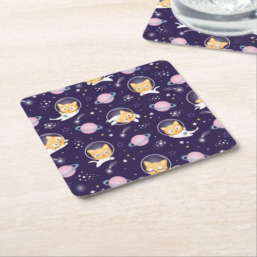 Cute Kitty Cat Astronauts Pattern Square Paper Coaster