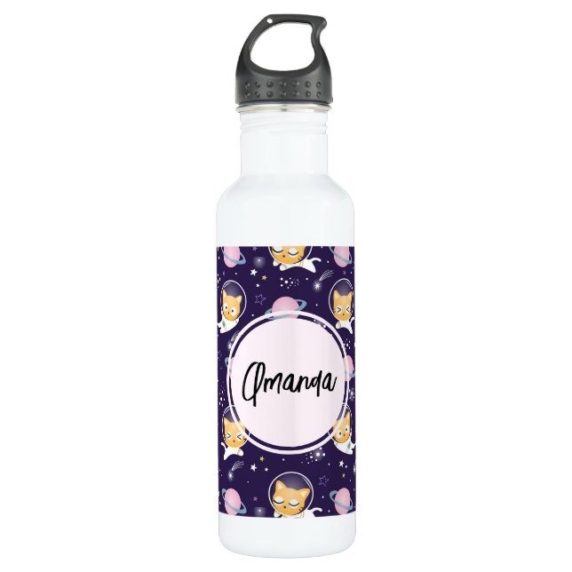Cute Kitty Cat Astronauts Pattern Stainless Steel Water Bottle (Front)