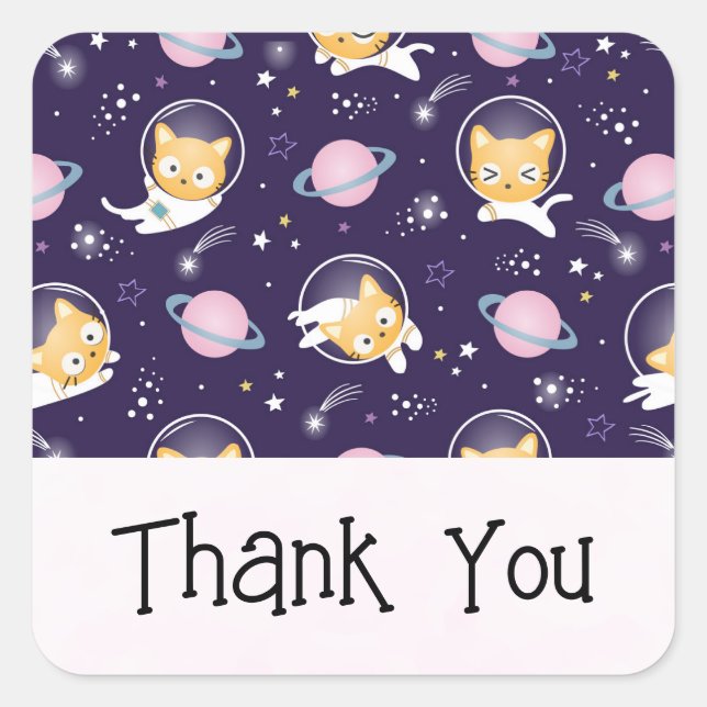 Cute Kitty Cat Astronauts Pattern Thank You Square Sticker (Front)