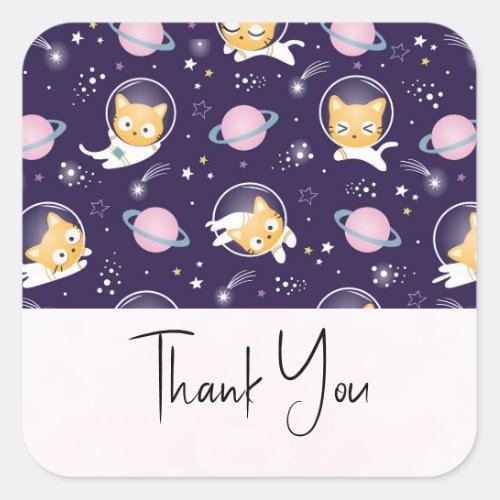 Cute Kitty Cat Astronauts Pattern Thank You Square Sticker