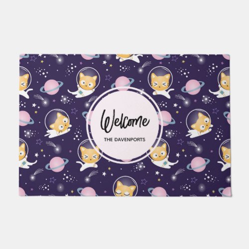 Cute Kitty Cat Astronauts Pattern Welcome Doormat