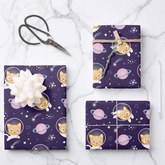 Cute Kitty Cat Astronauts Pattern Wrapping Paper Sheets (Front)