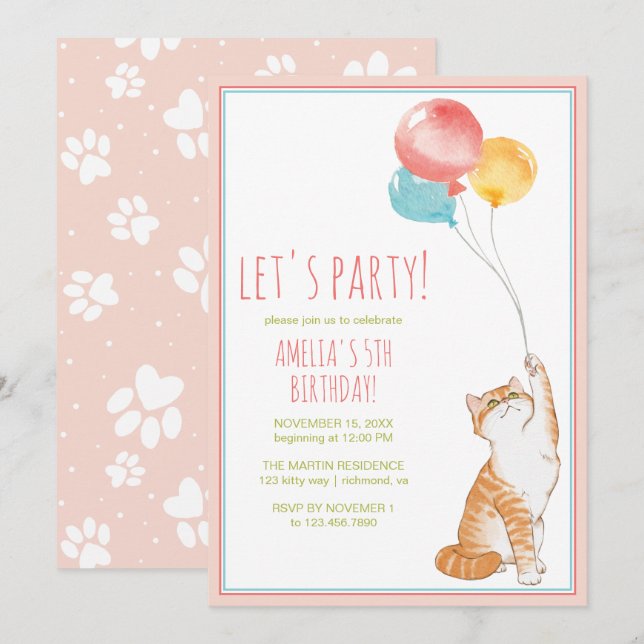 Cute Kitty Cat Balloons | Fun Pink Girls Birthday Invitation (Front/Back)