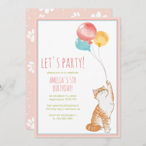 Cute Kitty Cat Balloons  Fun Pink Girls Birthday Invitation