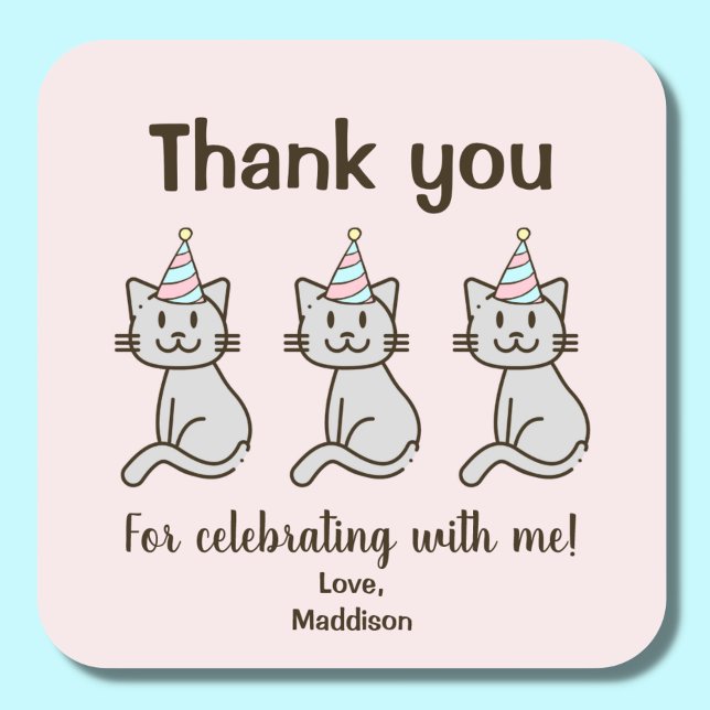 Cute Kitty Cat Birthday Thank You Square Sticker (Creator Uploaded)