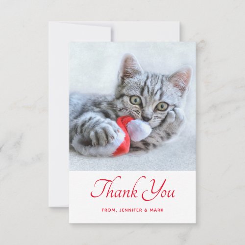 Cute Kitty Cat Biting a Red Santa Hat Thank You