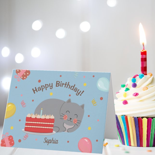 Cute Kitty Cat Blue Birthday Party Card (Creator Uploaded)