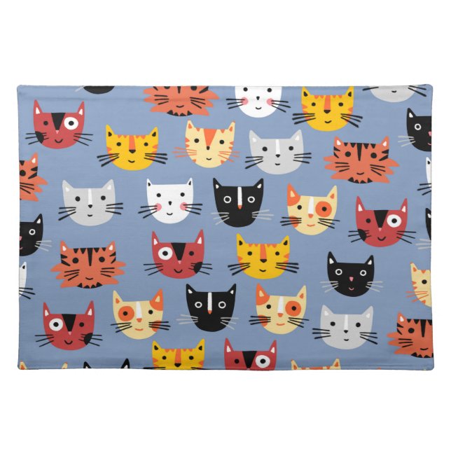 Cute Kitty Cat Blue Cloth Placemat (Front)