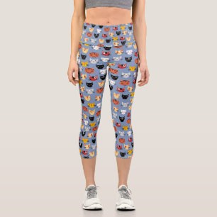 Cute Kitty Cat Blue Pattern Capri Leggings