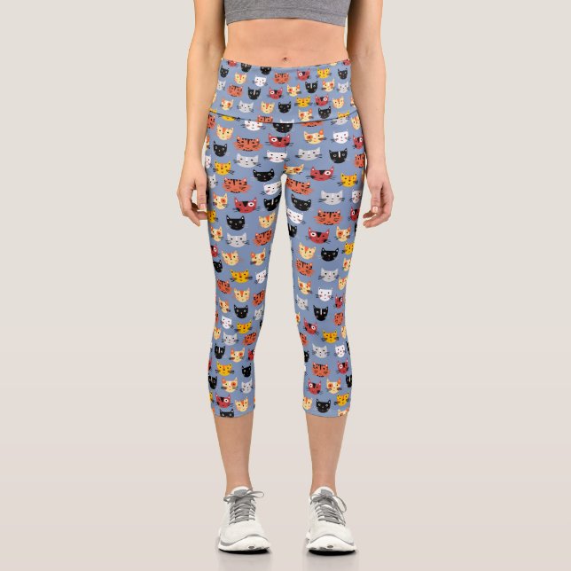Cute Kitty Cat Blue Pattern Capri Leggings (Front)