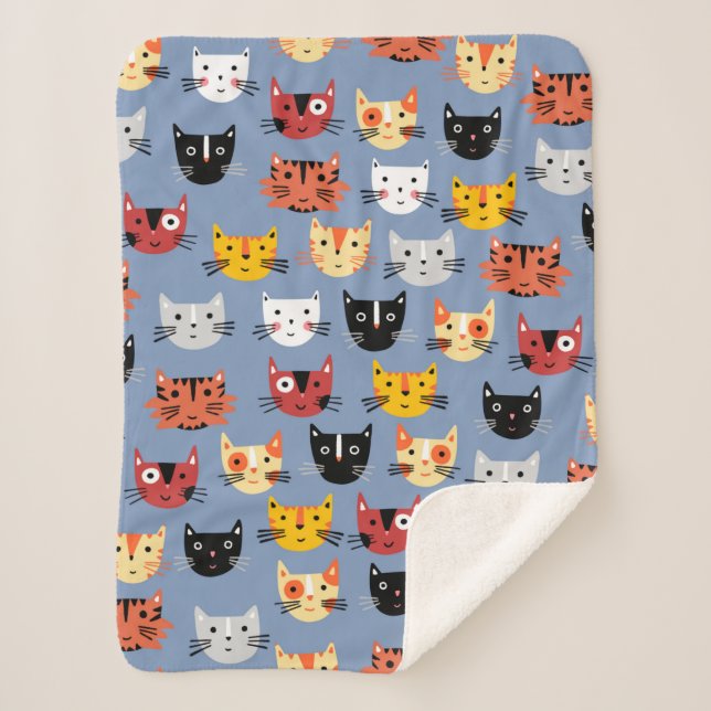 Cute Kitty Cat Blue Sherpa Blanket (Front)