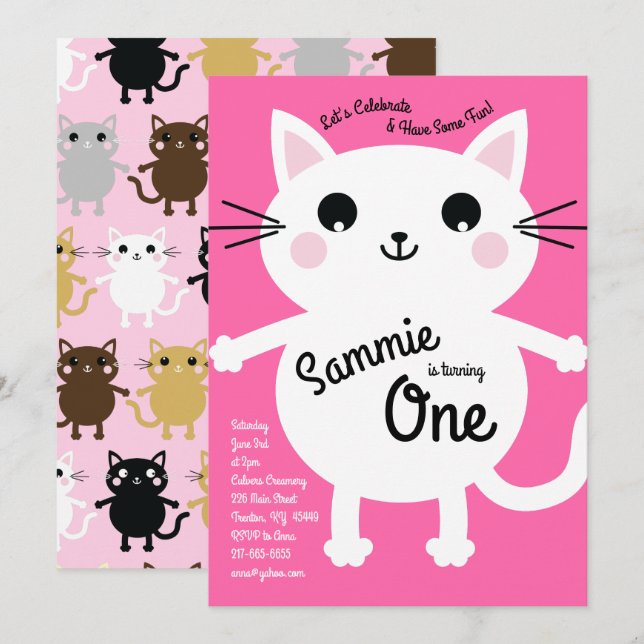 Cute Kitty Cat Colorful 1st Birthday Invitations (Front/Back)