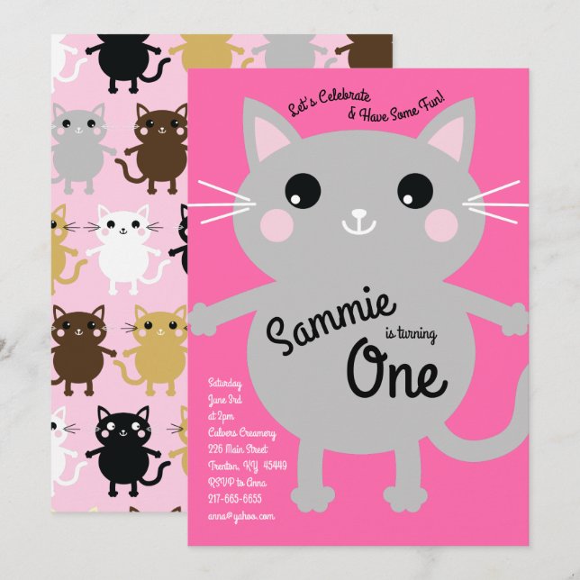 Cute Kitty Cat Colorful 1st Birthday Invitations (Front/Back)