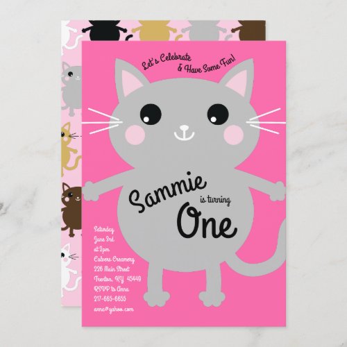 Cute Kitty Cat Colorful 1st Birthday Invitations